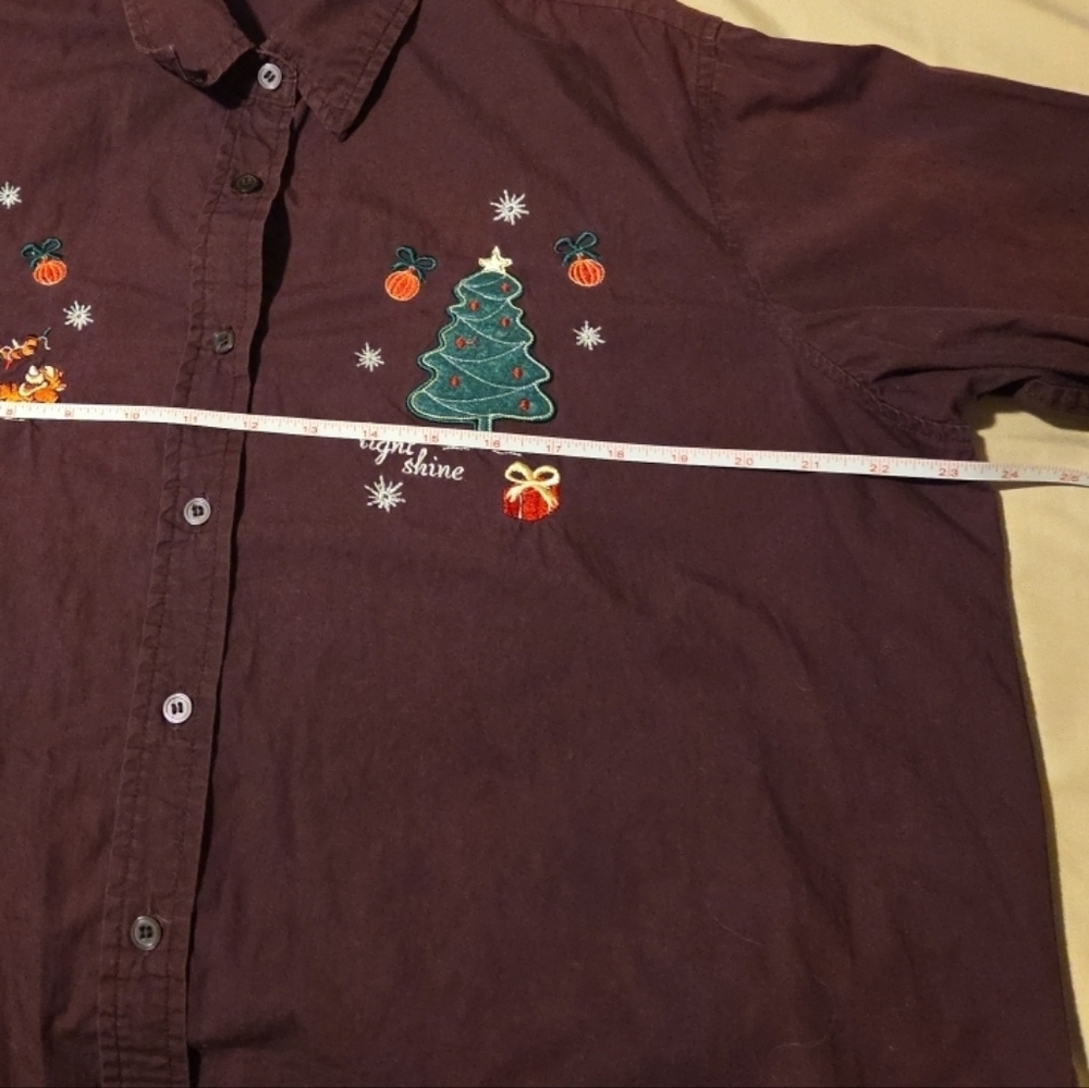 Disney Winnie The Pooh Embroidered Christmas Button Down Maroon Blouse size XL - Picture 6 of 9